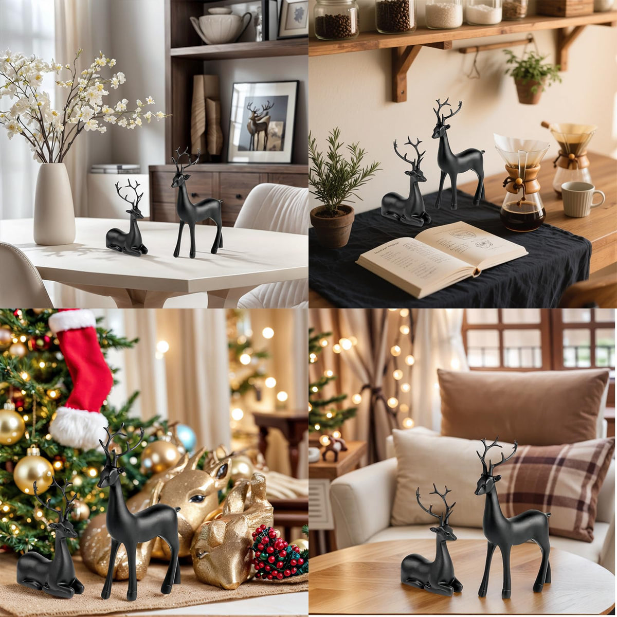 Black Small Reindeer Sculptures, 2 Pcs Matte Black Deer Christmas Decor, Modern Holiday Deer Statues, Reindeer Sculpture for Living Room, Bedroom, Office Desktop, Mantel, Shelf & Tabletop Decor