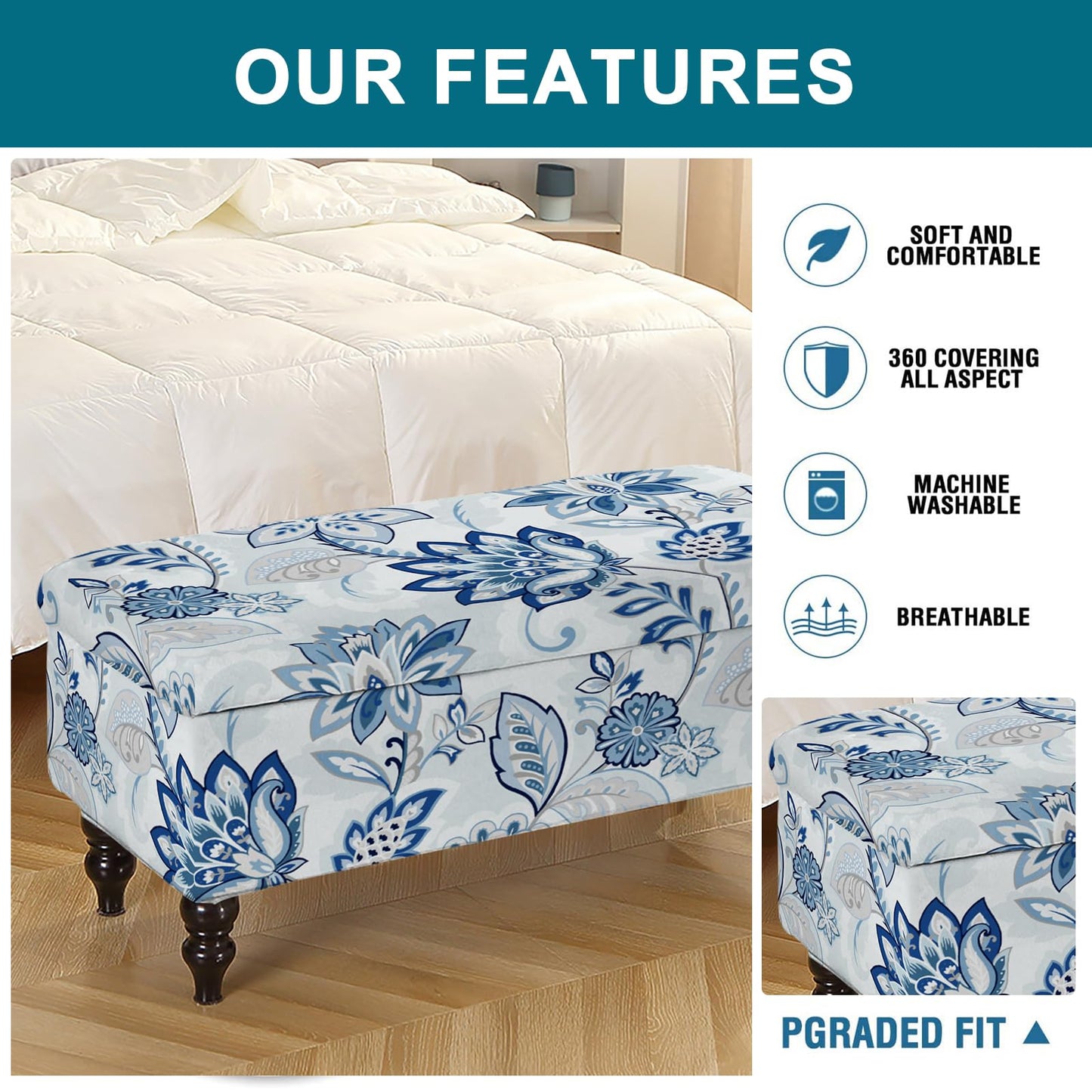 KRFOONN Rectangle Ottoman Covers Stretch Folding Storage Ottoman Bench Cover Printed Storage Footstool Covers Footrest Stool Slipcover Furniture Protector for Living Room Bedroom Bench (Small, 15)
