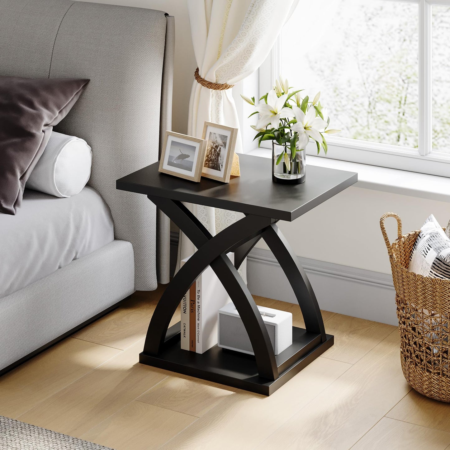 ChooChoo End Side Table, Modern End Table with Storage Shelf, X-Design Side Table Living Room (Black)