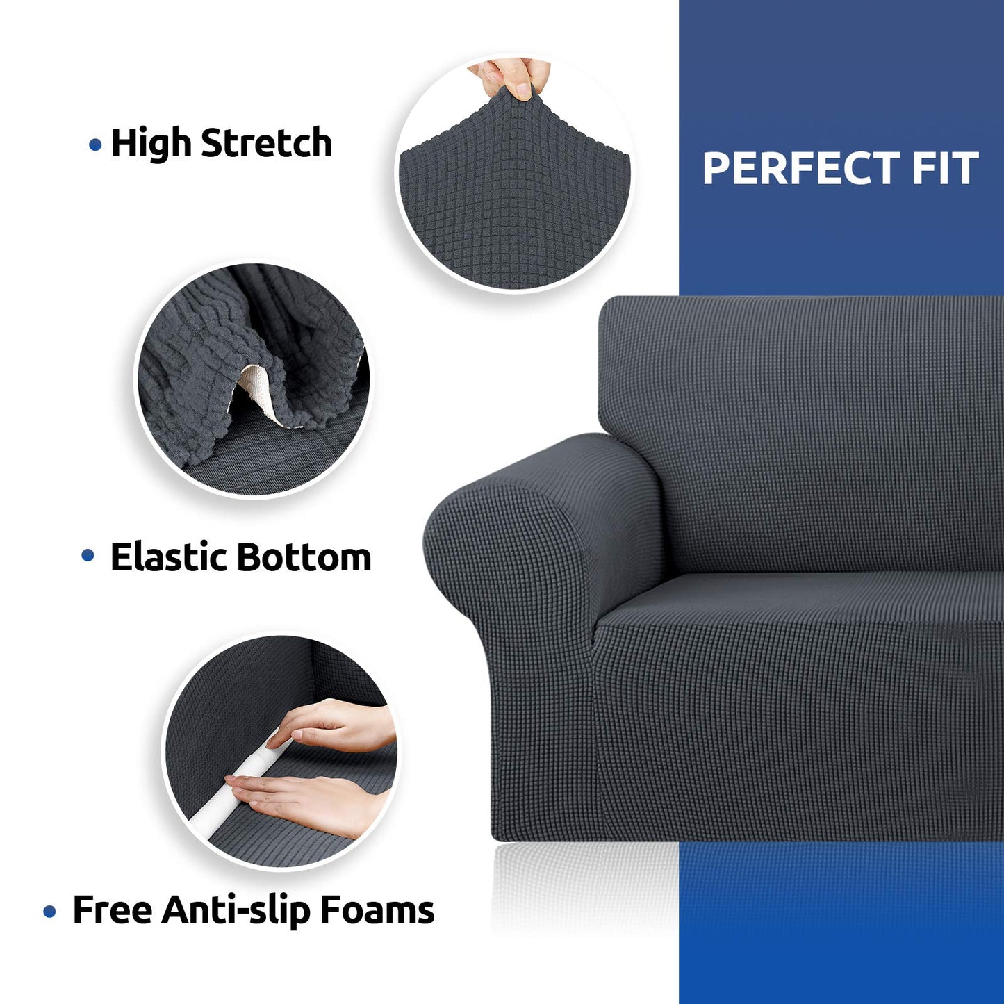 KEKUOU Stretch Sofa Cover Slipcover ，Couch Covers for 3 Cushion Couch Sofa pet Friendly (78"-94") Furniture Protector Sofa with Elastic Bottom for Kids,Dog, Jacquard Small Checked(Large,Charcoal)