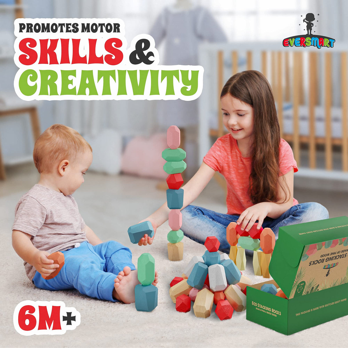 EVERSMART 36 Pcs Wooden Stacking Blocks – Montessori Toys for 1 2 3 4 5 6 Year Old Toddlers and Kids, XL Rocks, No Choking Hazard – Sensory STEM Building Stones, for Girls and Boys