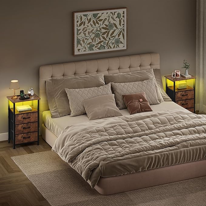 Vagusicc Night Stand with Charging Station, LED Nightstand