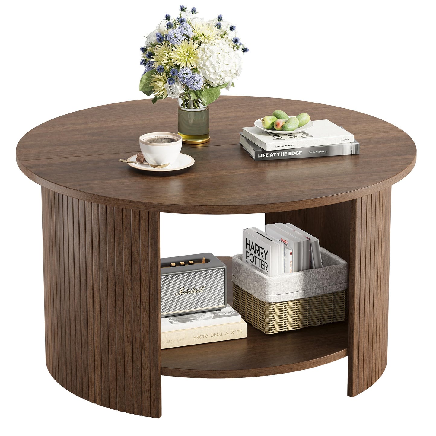 OneBlis Round Coffee Table with Storage, 31.5" Modern Fluted Center Table, 2-Tier Mid Century Coffee Table, Wood Circle Table for Living Room, Home Office, Small Space, Walnut