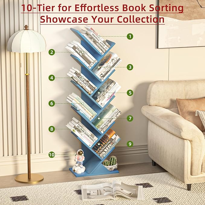 SHEEPAM 10 Tier Tree Book Shelf, Floor Standing Wood Bookshelf
