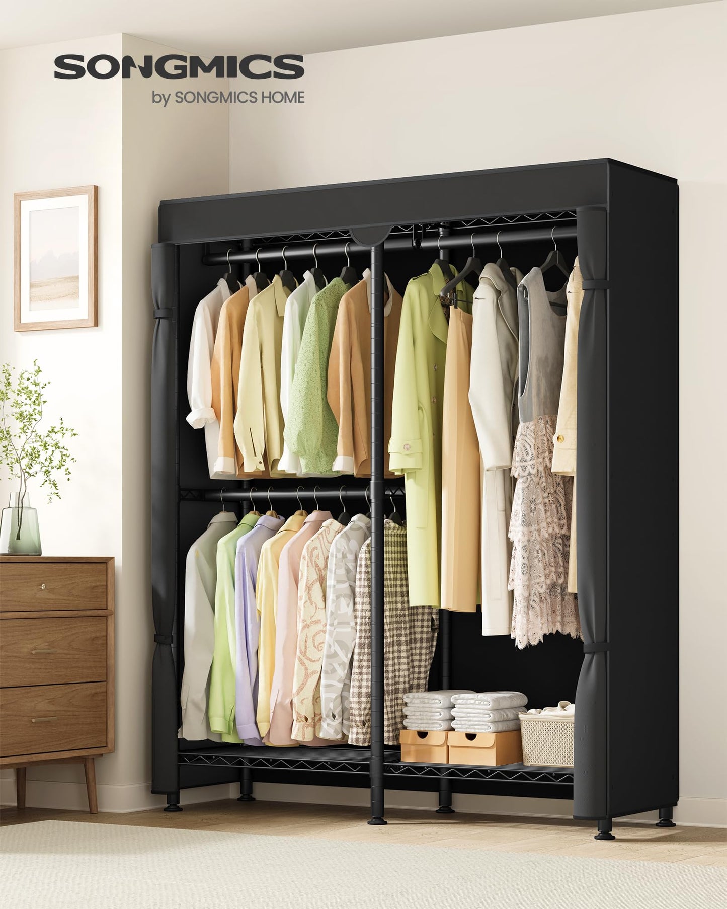 SONGMICS Clothing Rack, Heavy-Duty Garment Rack with Adjustable Storage Shelves and Hanging Rails, Fabric Cover, Freestanding Portable Wardrobe Closet, Ink Black ULGR424BH01