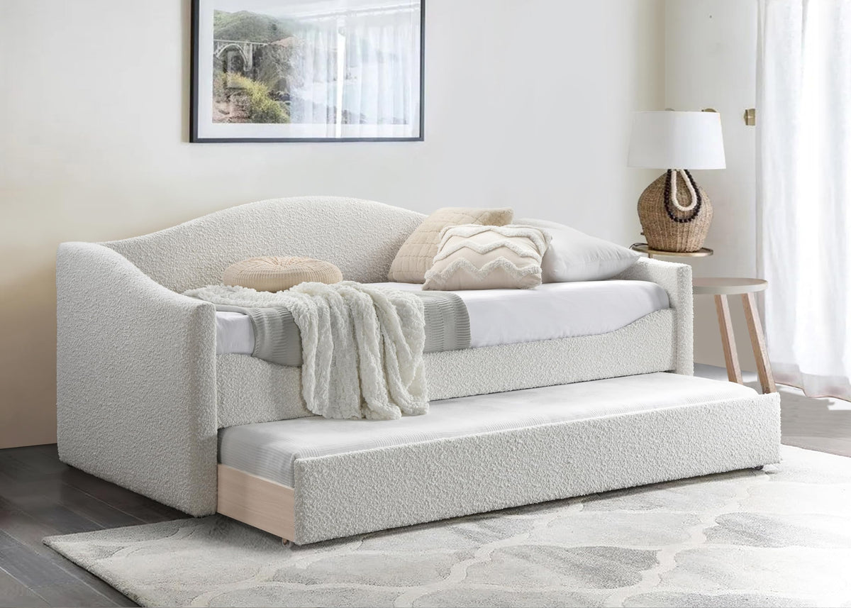 Meridian Furniture ArloCream-T Arlo Collection Modern | Contemporary Twin Daybed with Rich Cream Boucle Fabric, Twin Trundle, 82.5" W x 43.5" D x 32" H, Cream