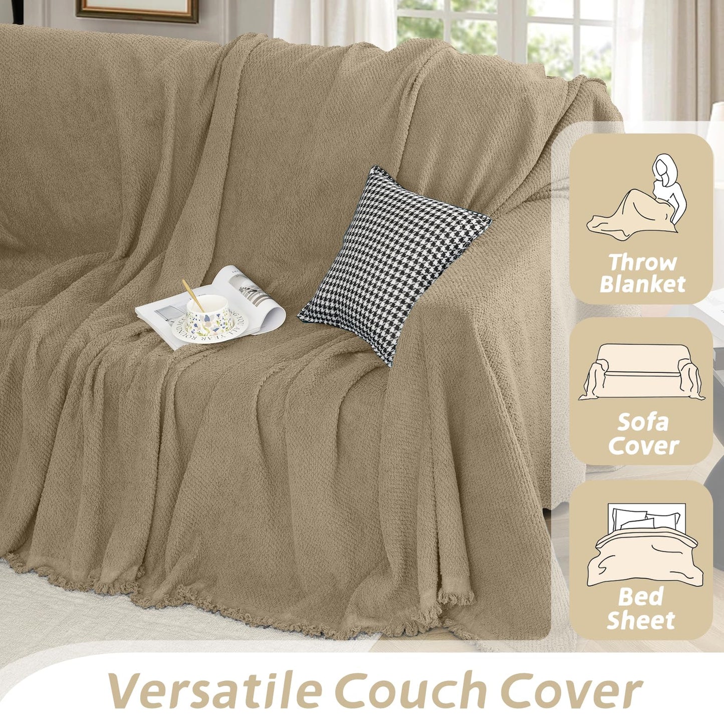 Arfntevss Corner Sectional Couch Covers L Shape Plush Sofa Cover with Tassel Thick Soft Couch Cover for Sectional Sofa U Shaped Slipcovers Washable Dog Furniture Protector (71" x 224", Khaki)