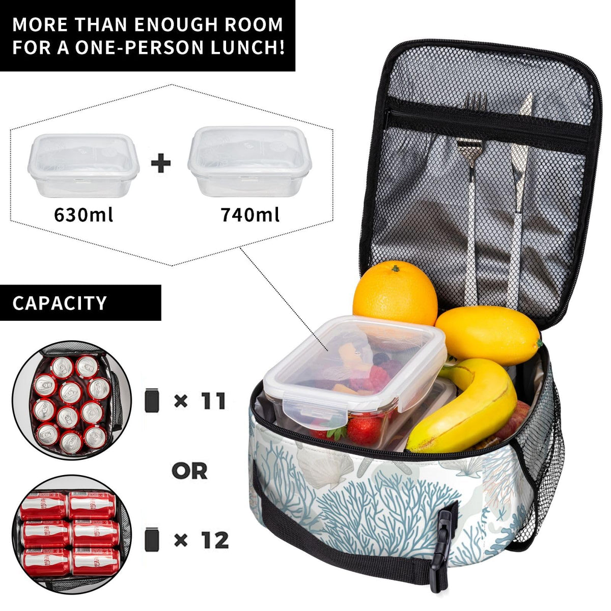 VANZEV Nautical Coastal Lunch Box for Adults Women Girls Boys Kids Starfish Seashell Coral Beach Lunch Box Insulated Cooler Reusable Lunch Bag Container Gifts for Work Office Picnic Travel School