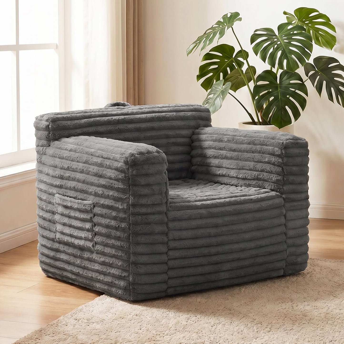 Tiita Bean Bag Chair for Adults, Foam Lounge Chair with Back Support and Armrests, Soft Corduroy Cover, Removable Washable Sofa Chair for Reading, Gaming, Living Room & Bedroom, Dark Grey