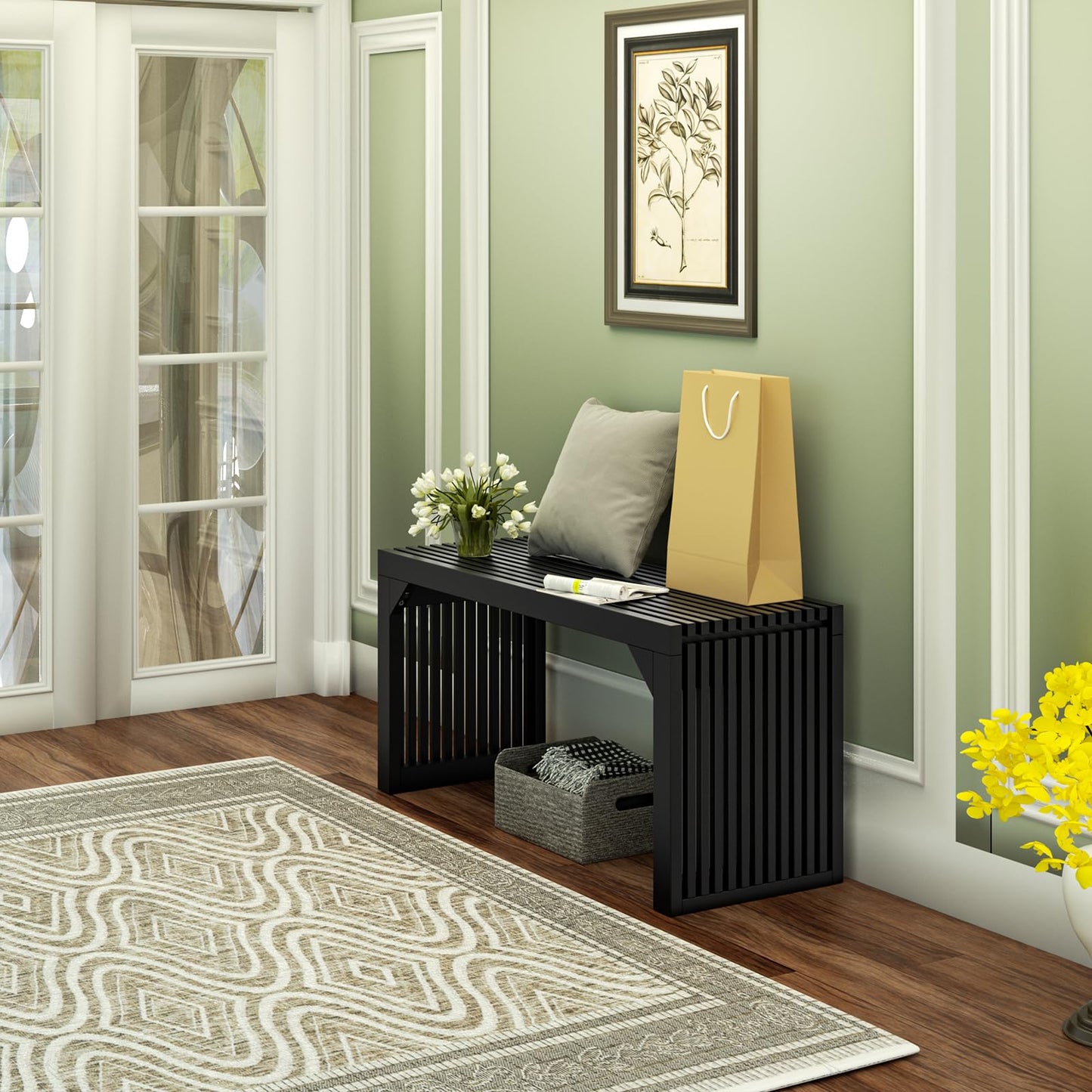 MODCART 35" Solid Wood Bench, Black Entryway Bench with Storage, Modern Shoe Bench, Narrow Bench for Entryway, Living Room, Kitchen