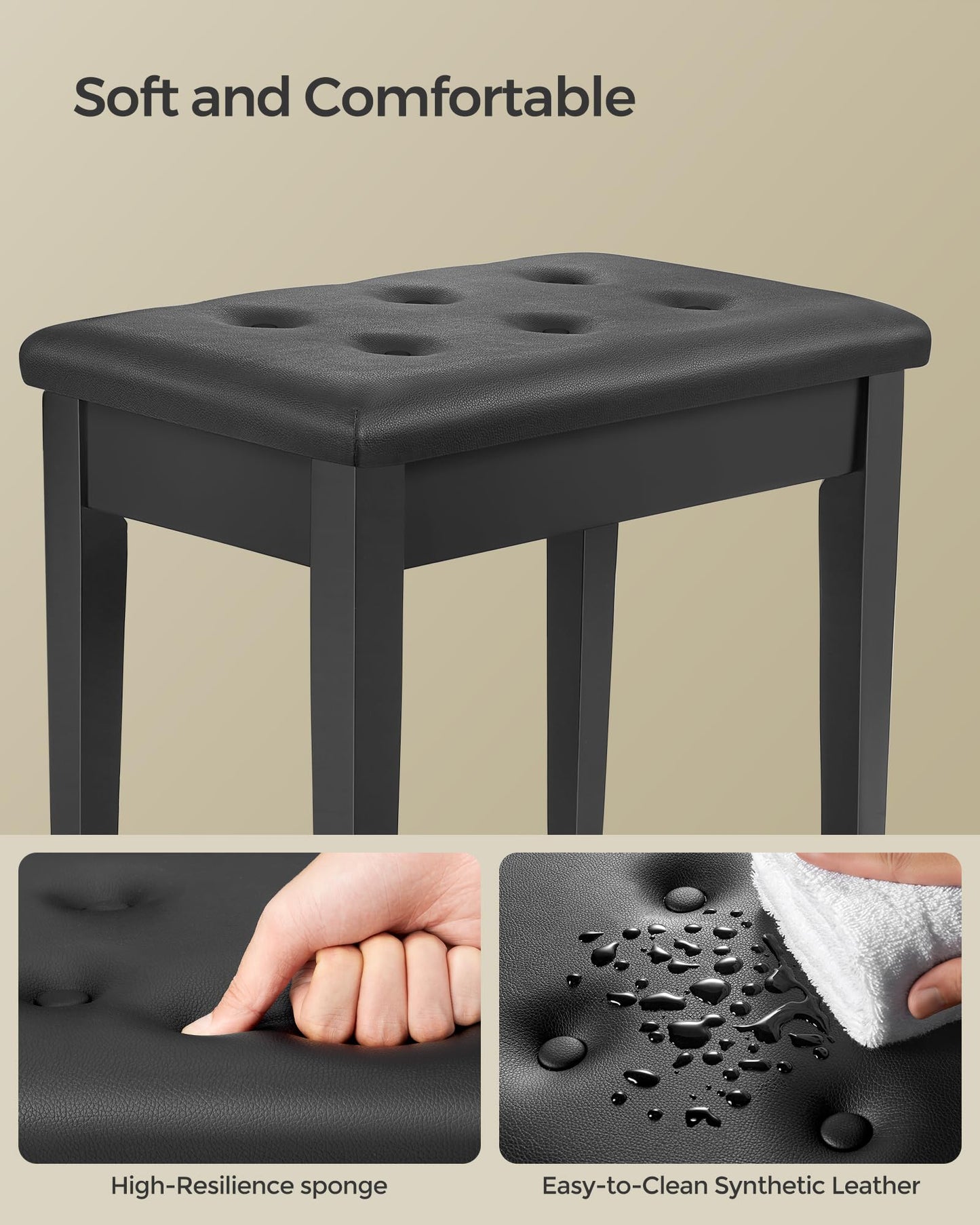 SONGMICS Piano Bench with Padded Cushion and Storage Compartment for Music Books, Vanity Stool, Tufted Wooden Piano Seat, 13.8 x 22 x 19.5 Inches, Black ULPB55H