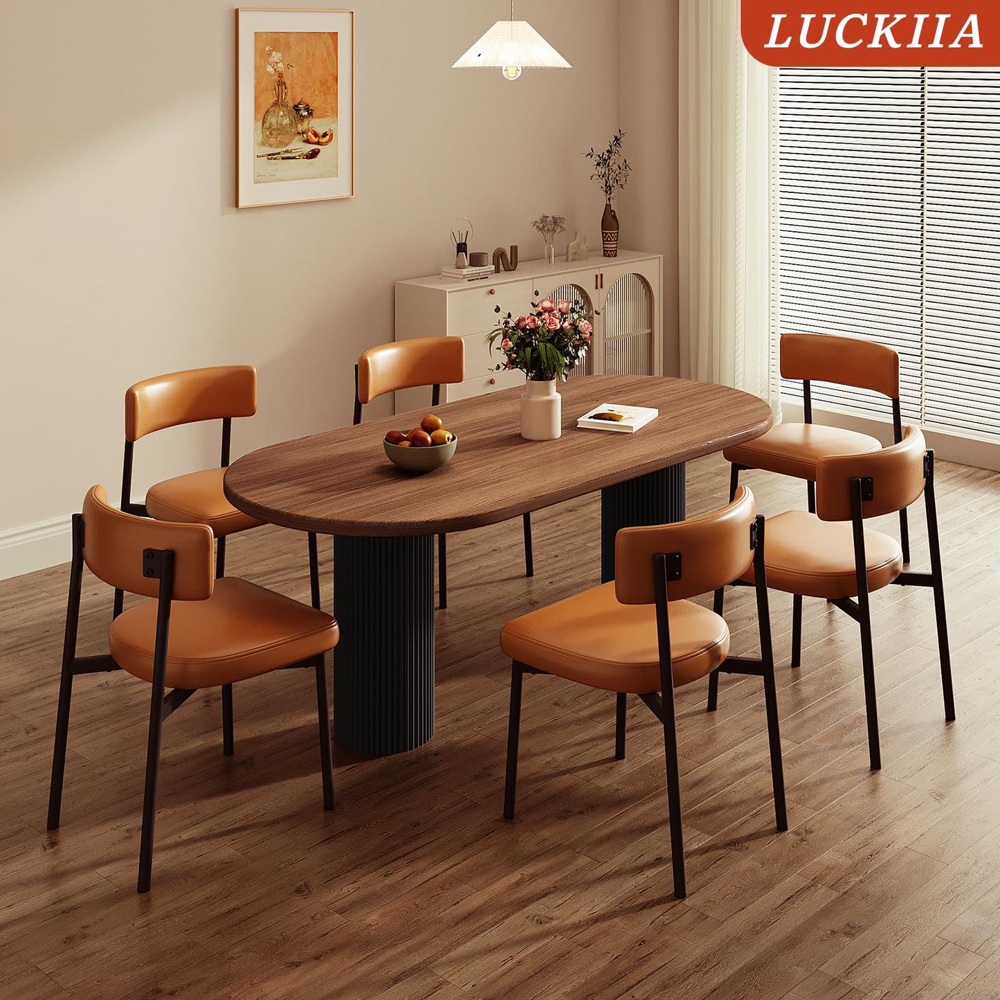 LUCKIIA Dining Chairs Set of 2 Leather Upholstered Modern Mid Century Kitchen Dining Room Chairs with Metal Legs (Brown)