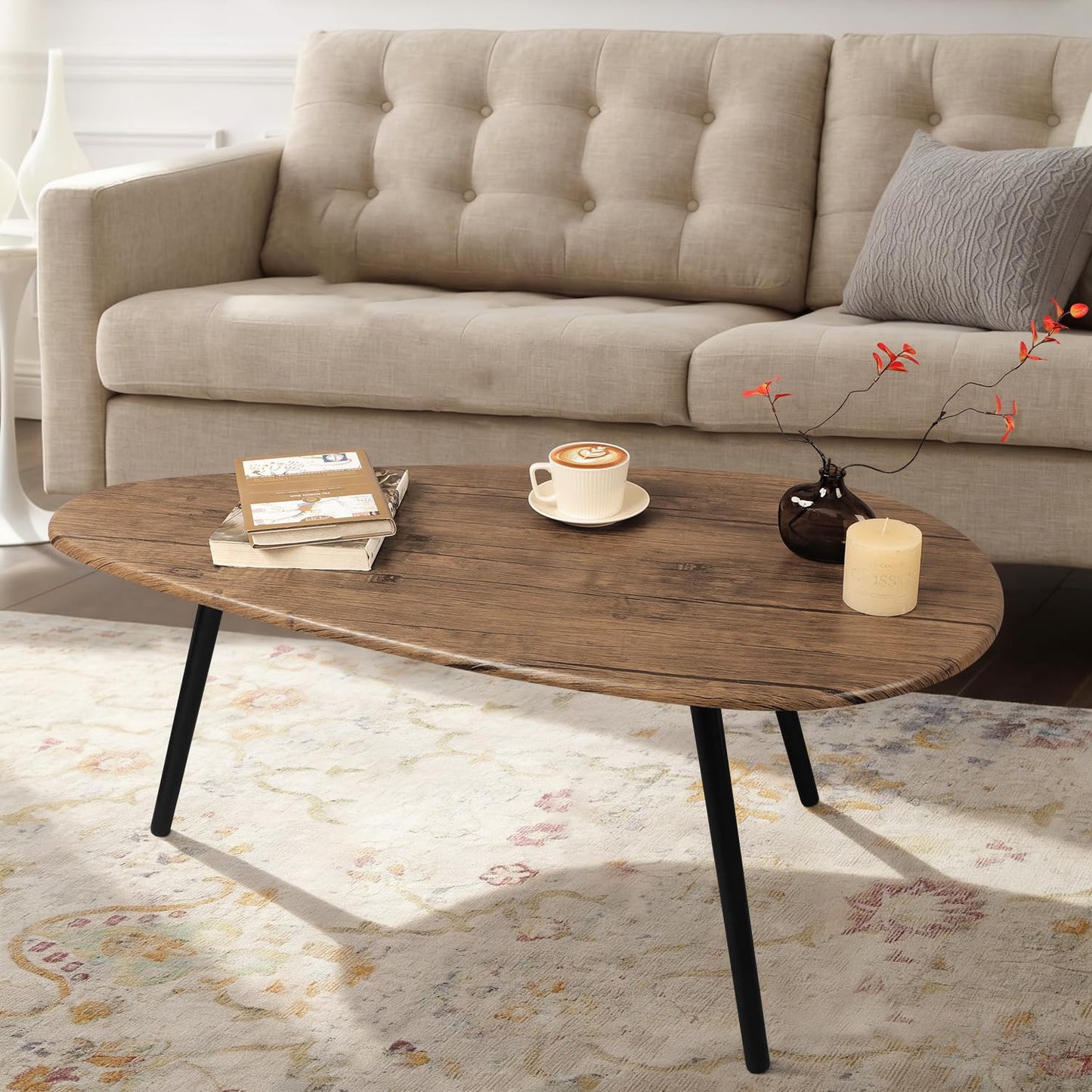 WDSHIYI Coffee Table Modern Oval Coffee Tables Retro Center Table for Small Space Mid Century Rustic Accent Table for Living Room Home Office, Easy Assembly 22" D x 43" W x 18" H
