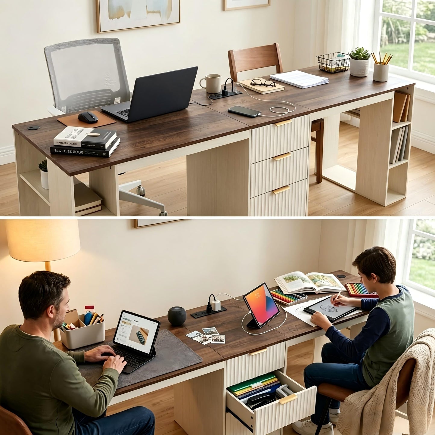 NORTHSKY 96.5" 2 Person Desk with Power Outlet & USB Ports, Double Computer Desk with Drawers & Storage Shelves, Modern Fluted Home Office Desk, White