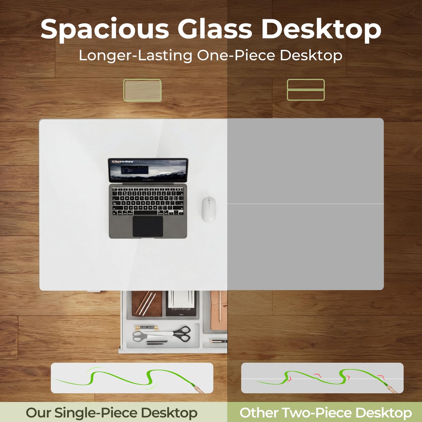 Furmax Glass Standing Desk with Drawers, Electric Adjustable Home Office Sit Stand Desk with One-Piece Desktop & USB Charging Port for Computer Desks