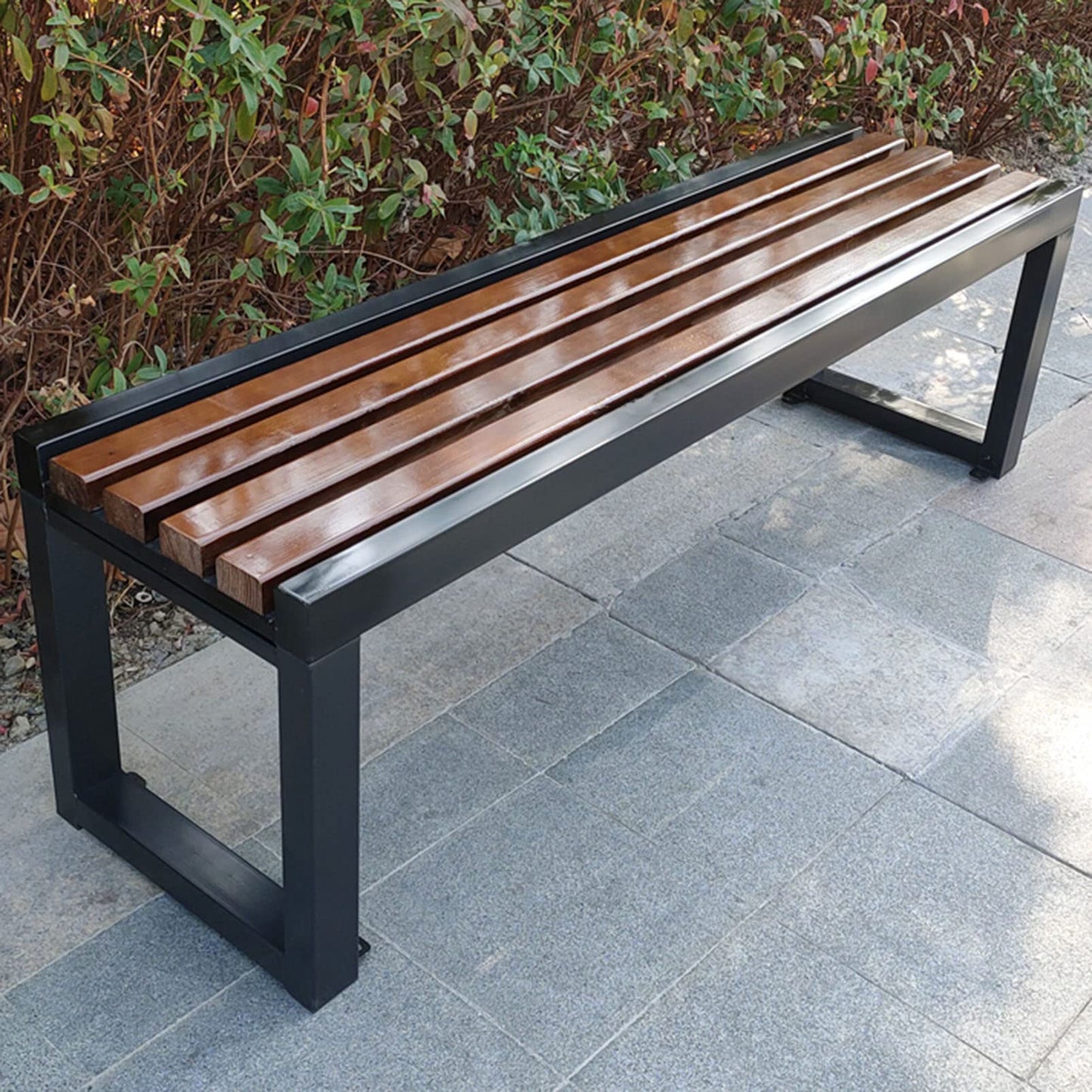 Outdoor Wooden Backless Garden Bench Park Slatted Seats Patio Loveseat Metal Frame Chair - 2-3 Person Seat, Lawn Front Porch Path Yard Decor Deck Furniture for Hospital/School/Plaza