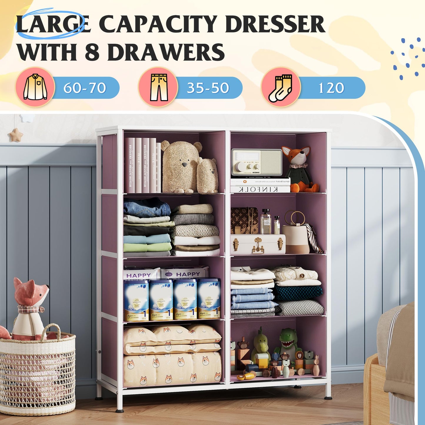 WLIVE Fabric Dresser for Bedroom, Tall Dresser with 8 Drawers, Storage Tower with Fabric Bins, Double Dresser, Chest of Drawers for Closet, Playroom, Dormitory, A-Pink