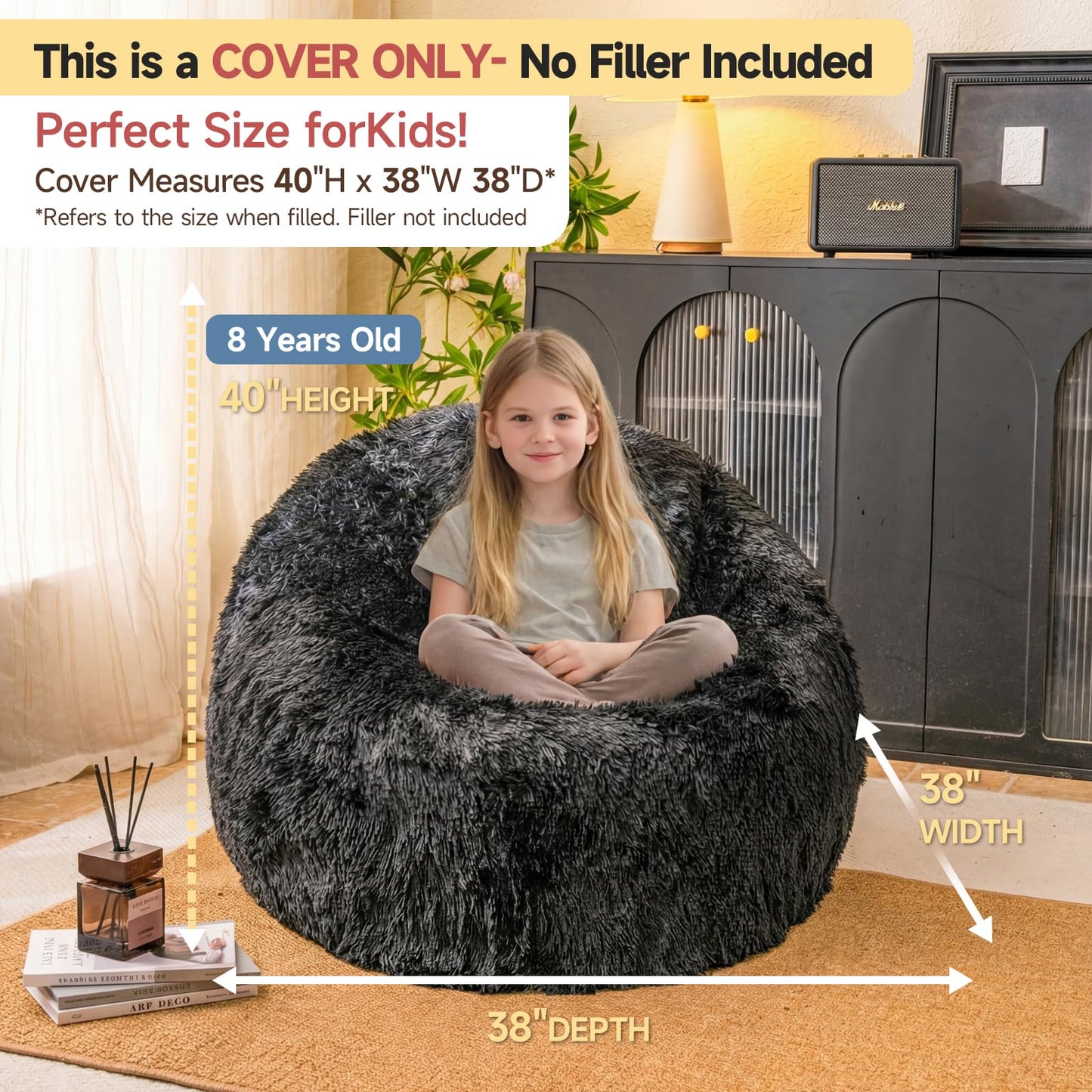 Black fuzzy bean bag chair covers (No Filler), comfy Shaggy Black bean bag chair Cover for bedroom, stuffed animal Storage, kids adults teens girls bean bag chairs, Anti-Slip