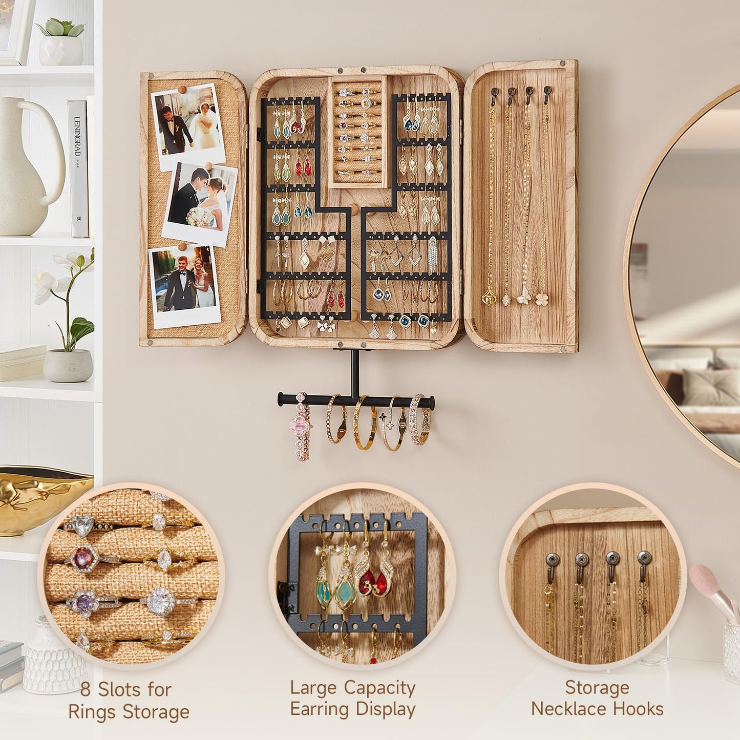 Pinzoveco Hanging Jewelry Organizer, Wall Mounted Jewelry Organizer for Earring Holder Organizer, Jewelry Cabinet Holder Jewelry Storage Box for Earrings, Necklaces, Bracelets, Ring Holder