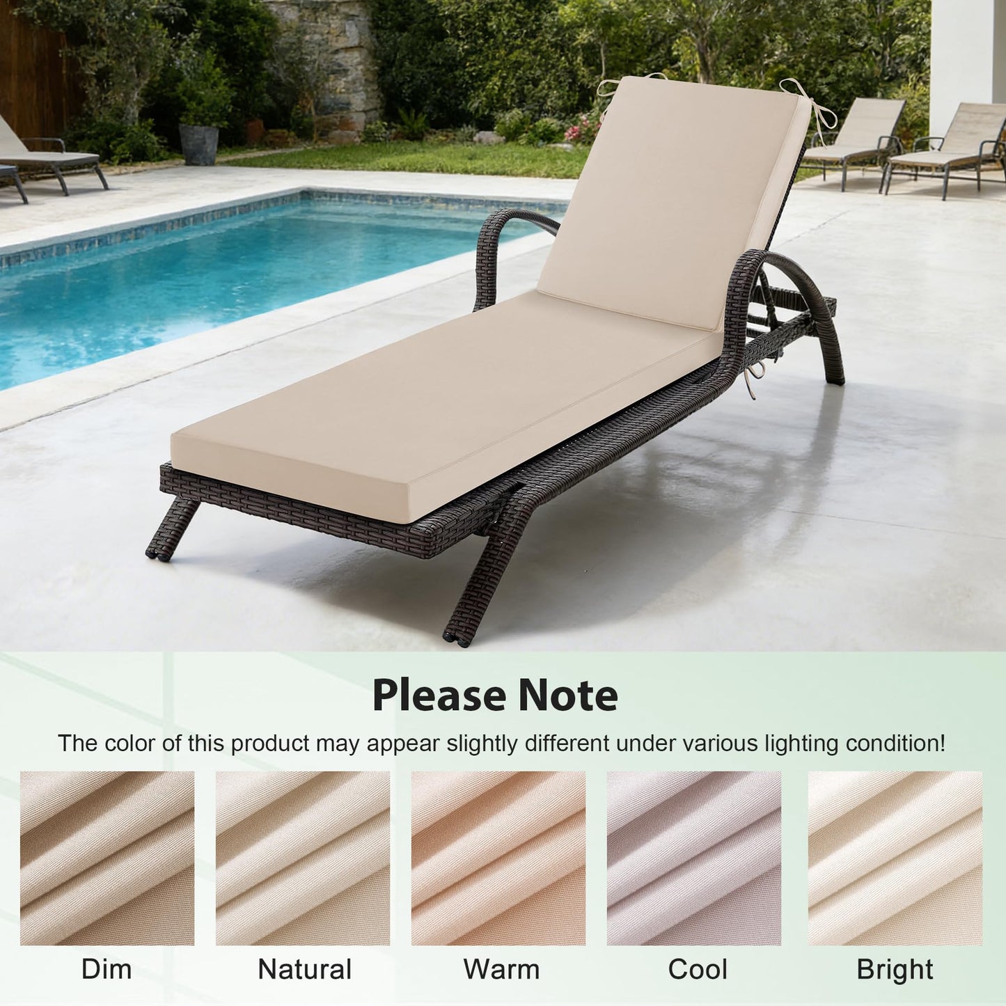 Aegisun Chaise Lounge Cushions Outdoor, 72x 21x 3 Inch Waterproof & Fade-Resistant Lounge Chair Cushion, Outdoor Chaise Cushion with Removable Cover & Ties for Lawn, Patio, Pool & Beach, Beige