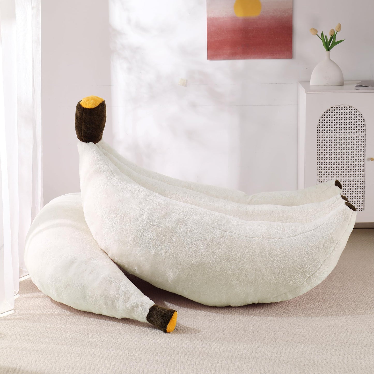IEVENW Banana Bean Bag Chair with Ottoman, Floor Sofa Bed with Footrest, Comfy Convertible Lounger for Adults, Plush Couch for Bedroom, Living Room or Dorm, L-Cream