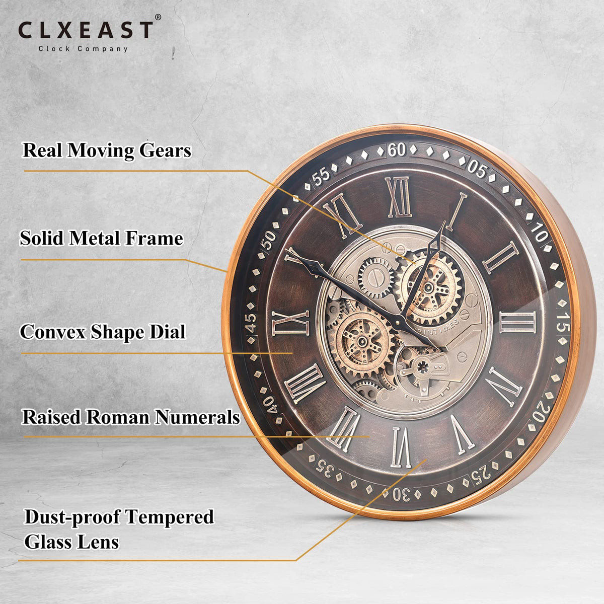 CLXEAST 24 Inch Wall Clock with Moving Gears,Oversized Large Industrial Steampunk Style, Antique Gold Metal Roman Numeral Wall Clocks for Farmhouse Living Room Decor
