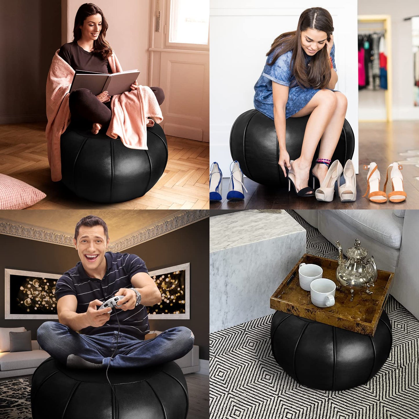 Louis Donné Round Unstuffed Faux Leather Pouf Ottoman Cover, Portable Indoor Outdoor Foot Rest Cover with Invisible Zipper, Sturdy Footstool Cushion Case for Home Patio Balcony Daily Use, Cover Only
