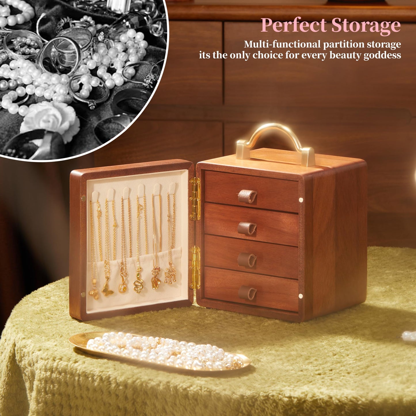 KAOTGOT Wooden Jewelry Box for Women 4 Tier Walnut Wooden Jewelry Box with handle (Butterfly Prints B)