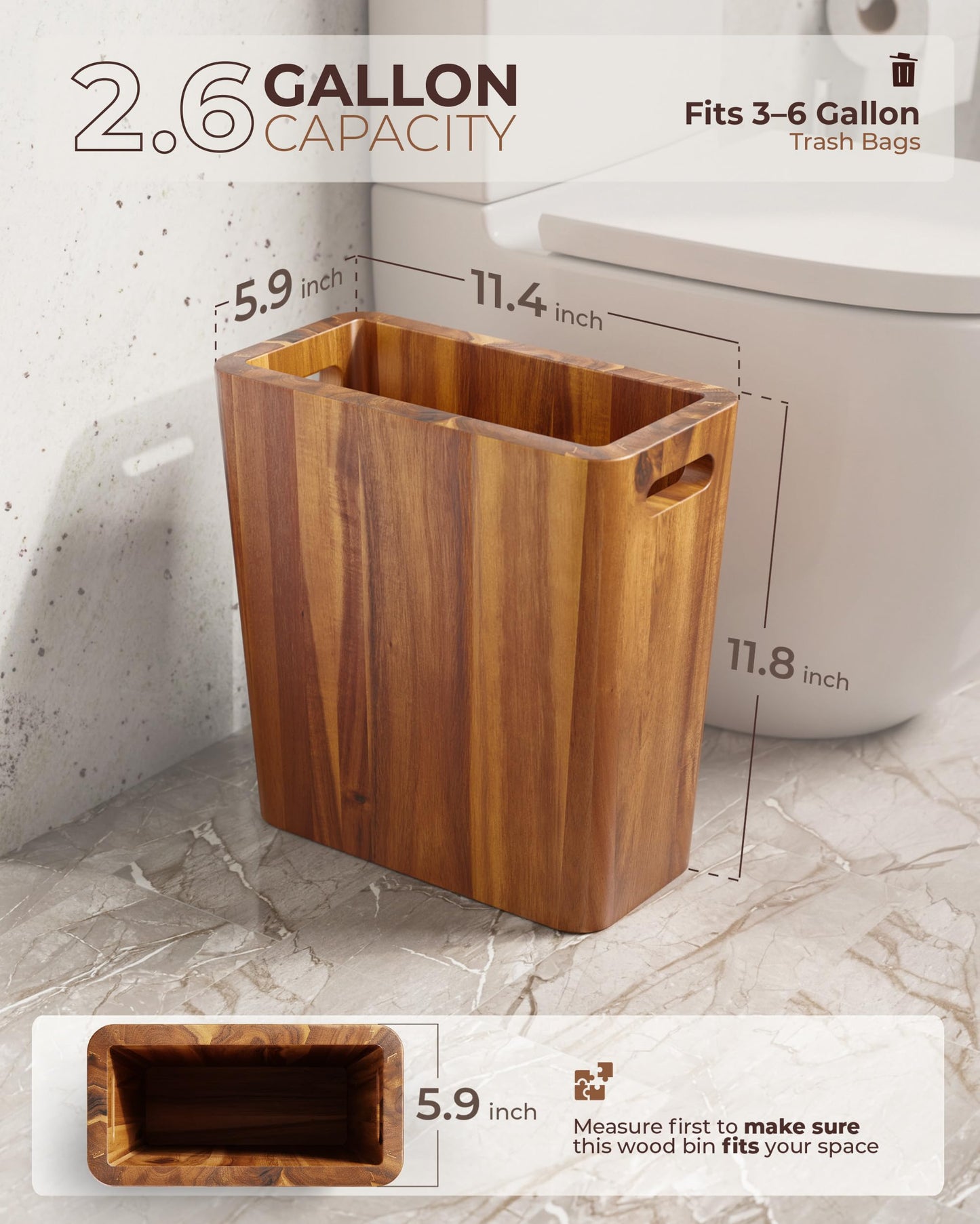 BLUEWEST 2.6 Gallon Acacia Wooden Bathroom Trash Can, Small Wastebasket with Handle, Decorative Wood Bin for Bedroom, Office or Under Counter Use