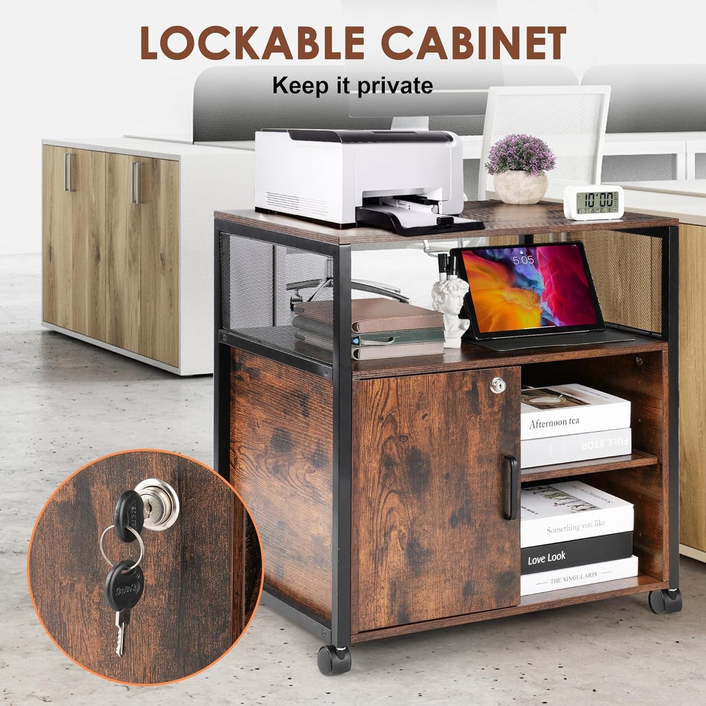 Rengue Lockable Lateral File Cabinet, Mobile Printer Stand Office Storage Organizer with Lockable Wheels & Charging Ports Height Adjustable Shelves for Home Office