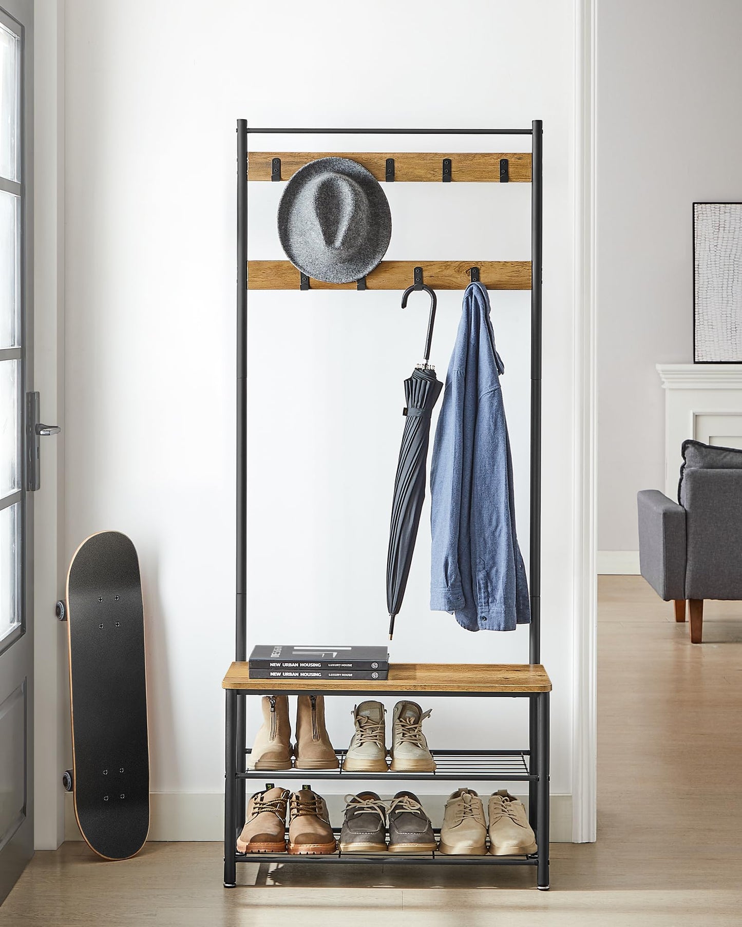 VASAGLE Coat Rack, Hall Tree with Shoe Storage Bench, Entryway Bench with Shoe Storage, 3-in-1, Steel Frame, for Entryway, 12.6 x 27.6 x 68.9 Inches, Industrial, Rustic Walnut and Black UHSR041B41