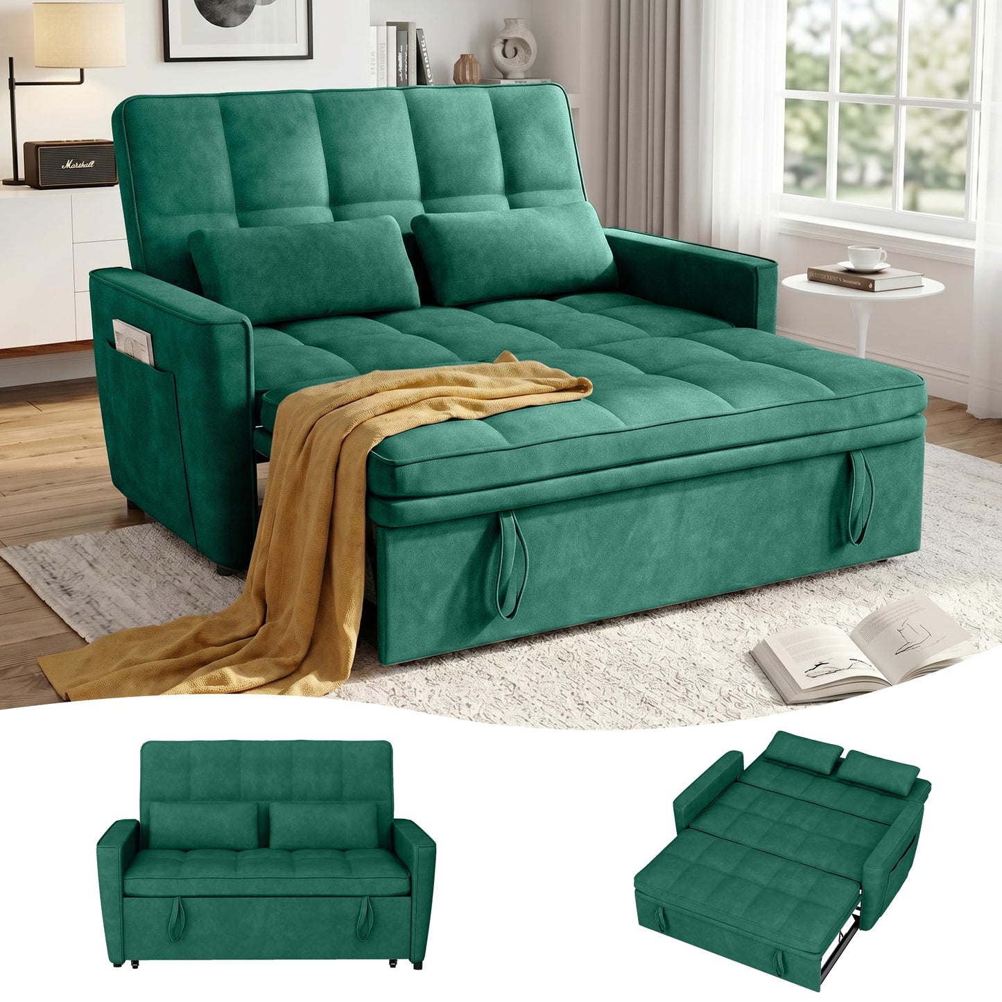 tiramisubest 54'' Sleeper Sofa Bed, Convertible Pull Out Couch Futon for for Living Room,Apartment (Green, Loveseat) Side Pockets, Velvet Fabric, Adjustable Backrest, Pull-Out Bed, Easy Assembly