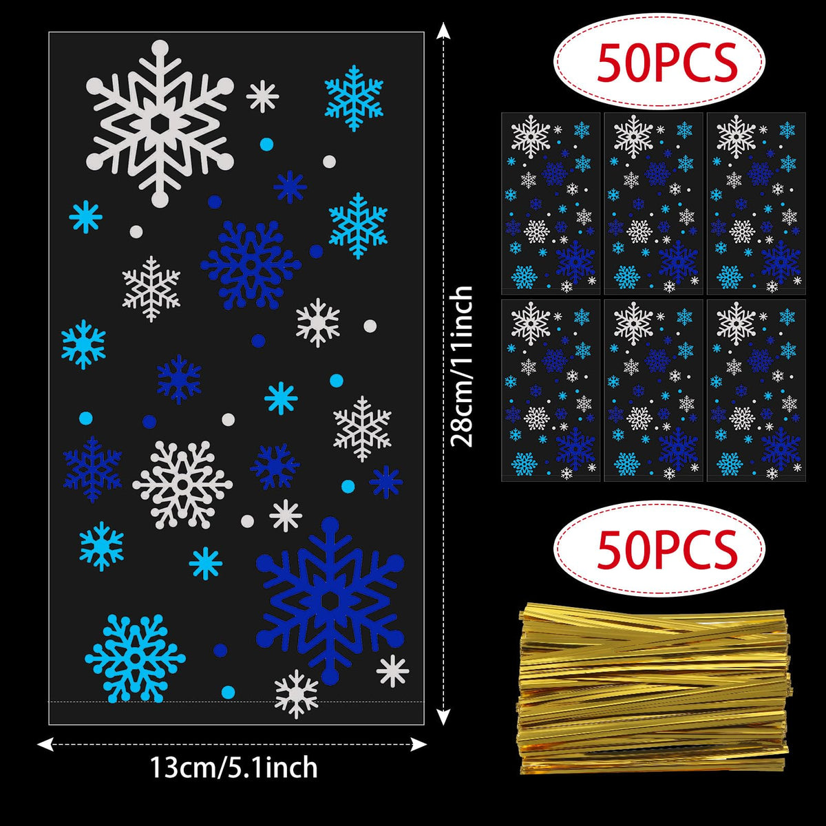 HESTYA 50 Counts 5 x 11 Inches Christmas Flat Clear Cellophane Treat Bags Block Bottom Patterned Storage Sweet Bags Twist Ties for Xmas Party Favor(Light blue, Blue, Silver Snowflake)
