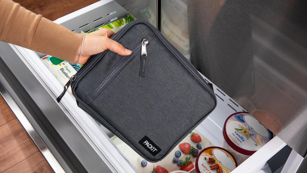 PackIt(R) Freezable Classic Lunch Box, City Charcoal, Built with EcoFreeze(R) Technology, Collapsible, Reusable, Zip Closure With Front Pocket and Buckle Handle, For Work Lunch
