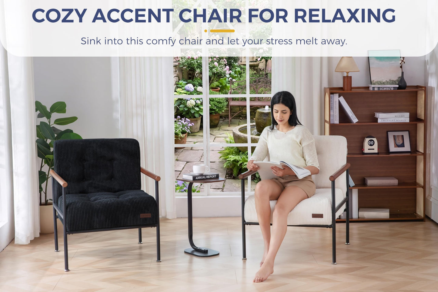MAXYOYO Living Room Accent Chair, Modern Chair with Sturdy Metal Frame & Wood Armrests, Upholstered Reading Chair with Upholstered Cushion for Bedroom Balcony Porch, Black