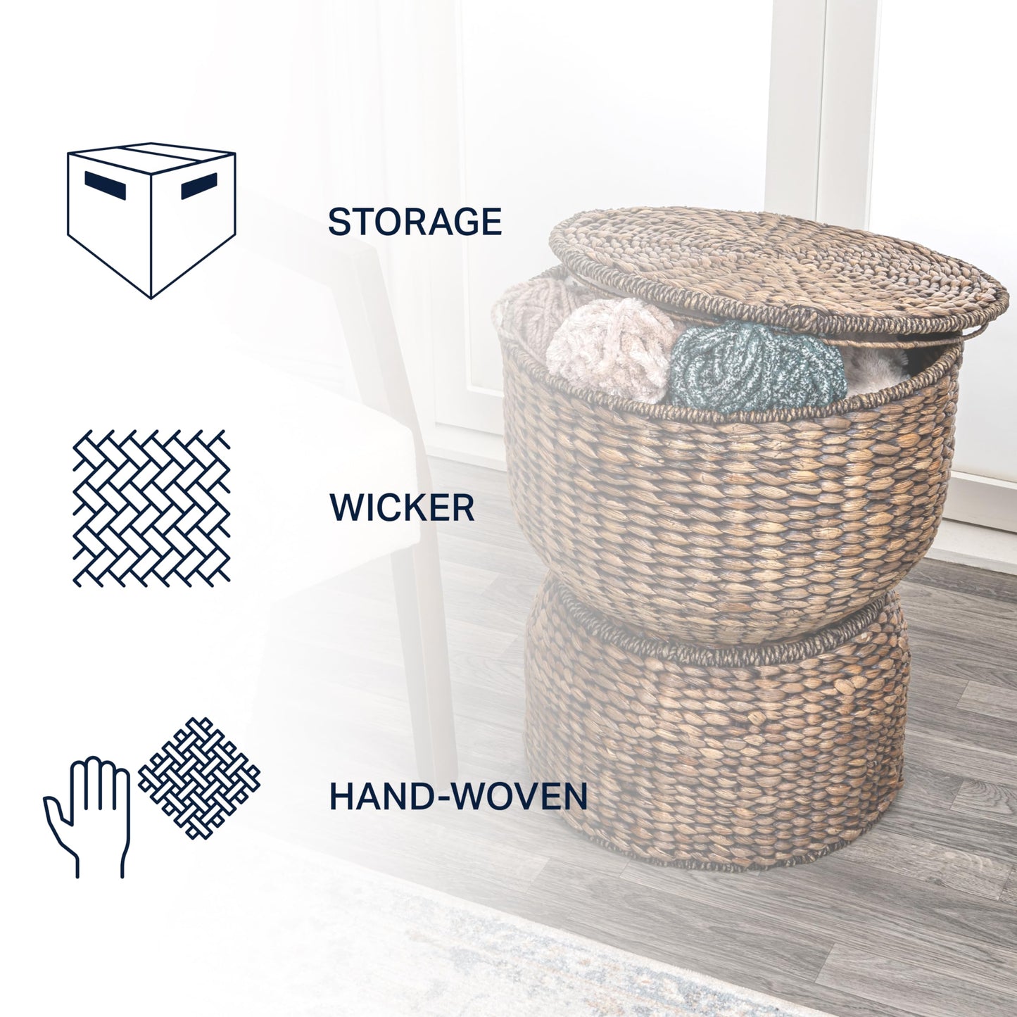 happimess SAT1000B Bhola 18" Hourglass Handwoven Hyacinth Storage Accent Table with Lid for Storage and Decoration in Bedroom, Living Room, Kitchen, Dining Room, Entryway, Guestroom, Brown Wash