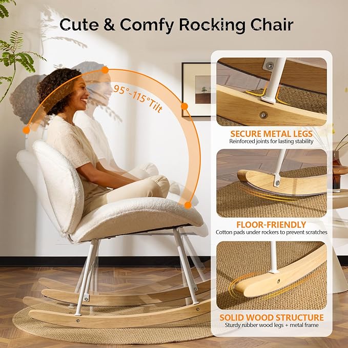 VINGLI 25.6" Extra Wide Criss Cross Nursery Rocking Chair, Cute Curved 115°
