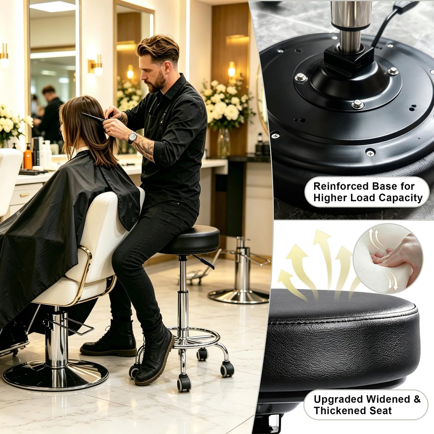 Rolling Stool with Wheels, Comfort Cushion Professional Swivel Drafting Stool, Height Adjustable Heavy Duty 500 lb Stool with Silent Casters and Foot Ring for Salon Tattoo Clinic Home Office, Grey