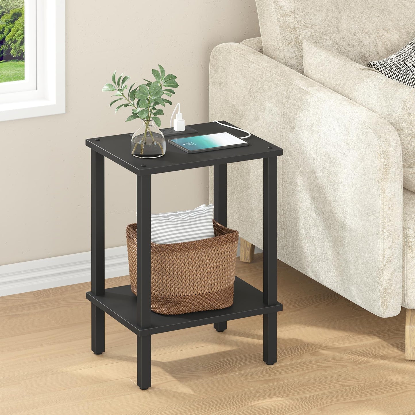 TUTOTAK End Table with Charging Station, Side Table with USB Ports and Outlets, Nightstand, 2-Tier Storage Shelf, Sofa Table for Small Space TB01BK040