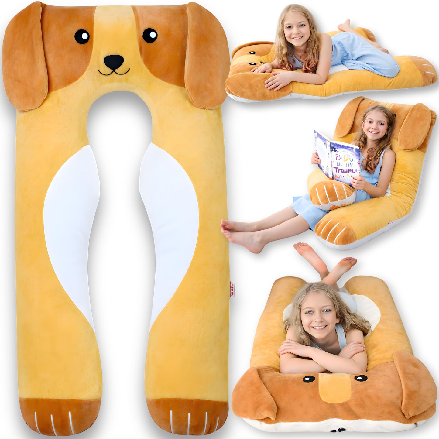 LUNAMIRA Dog Kids Body Pillow - 47" U-Shape Long Plush Soft Animal Pillow for Sleeping, Reading, ADHD & Special Needs Comfort, Anxiety, Washable Cover, Snuggle Fun Cuddle Pillow for Boys & Girls