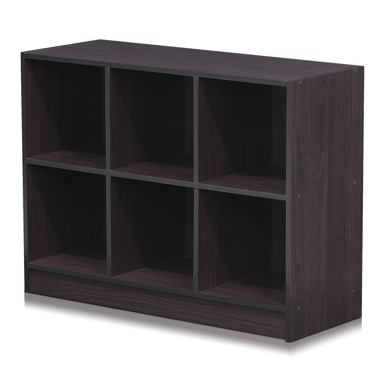 Furinno BASIC Book Shelf, 6-Cube Bookshelf with Open Shelf, 3 x 2 Bookcase with Storage Bins, Closed Back, Horizontal, 11.9 x 31.6 x 23.6, for Living Room, Bedroom, Home Office, Dark Walnut