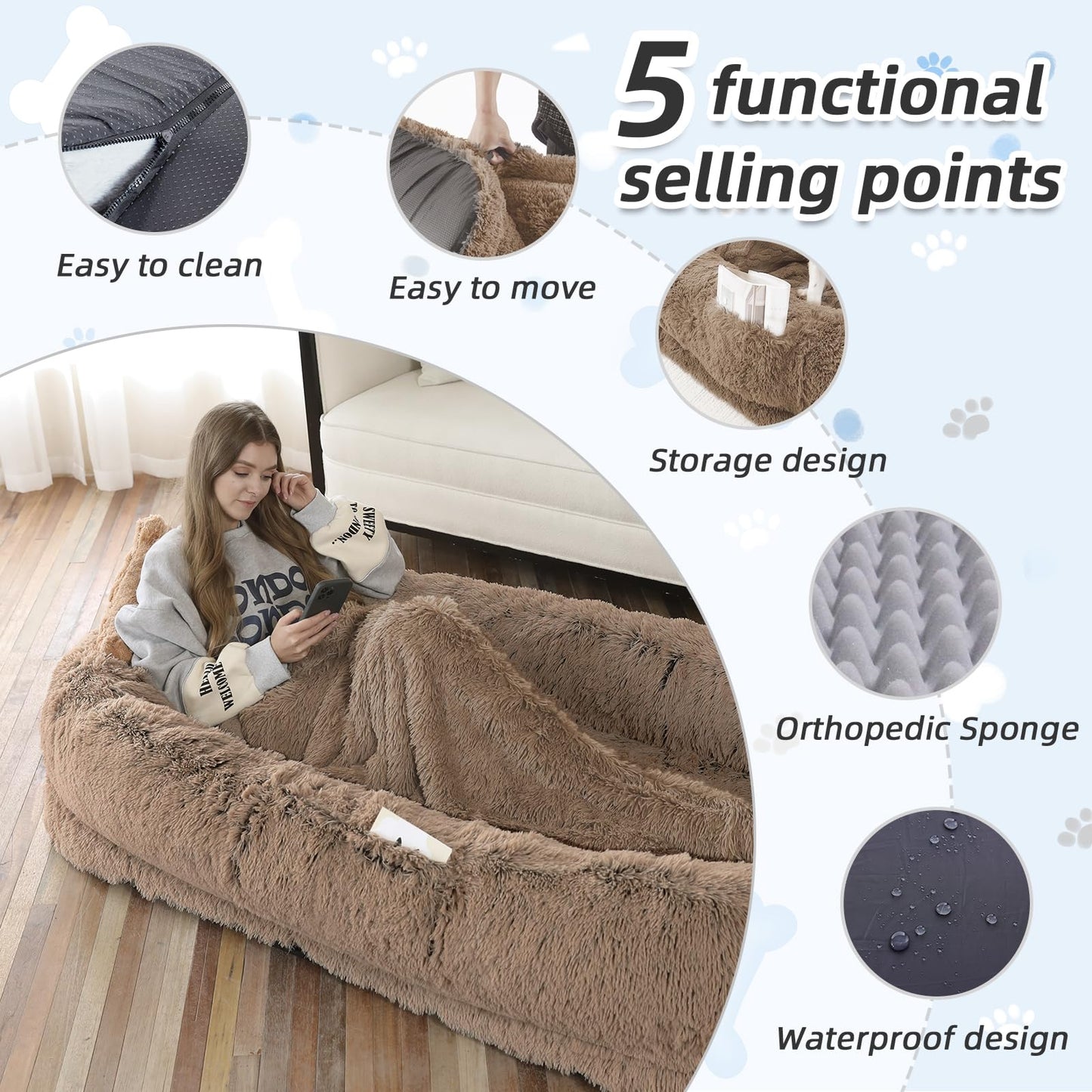 WROS Human Dog Bed, Large Dog Beds for Humans Size Fits You and Pets, Washable Faux Fur Orthopedic Human Pet Bed for People Doze Off, Napping, Present Pillow, Blanket, Strap - Khaki