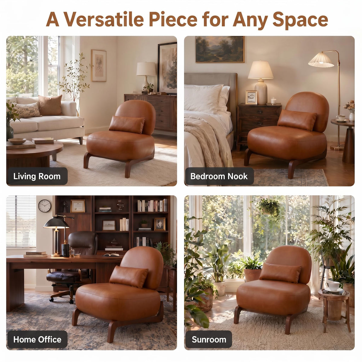 Trygoal Mid Century Modern Leather Armless Accent Chair, MCM Curved Back Lounge Chairs with Tilted Solid Wood Legs & Thick Lumbar Pillow, Single Cloud Sofa for Living Room Reading Nook (Brown)