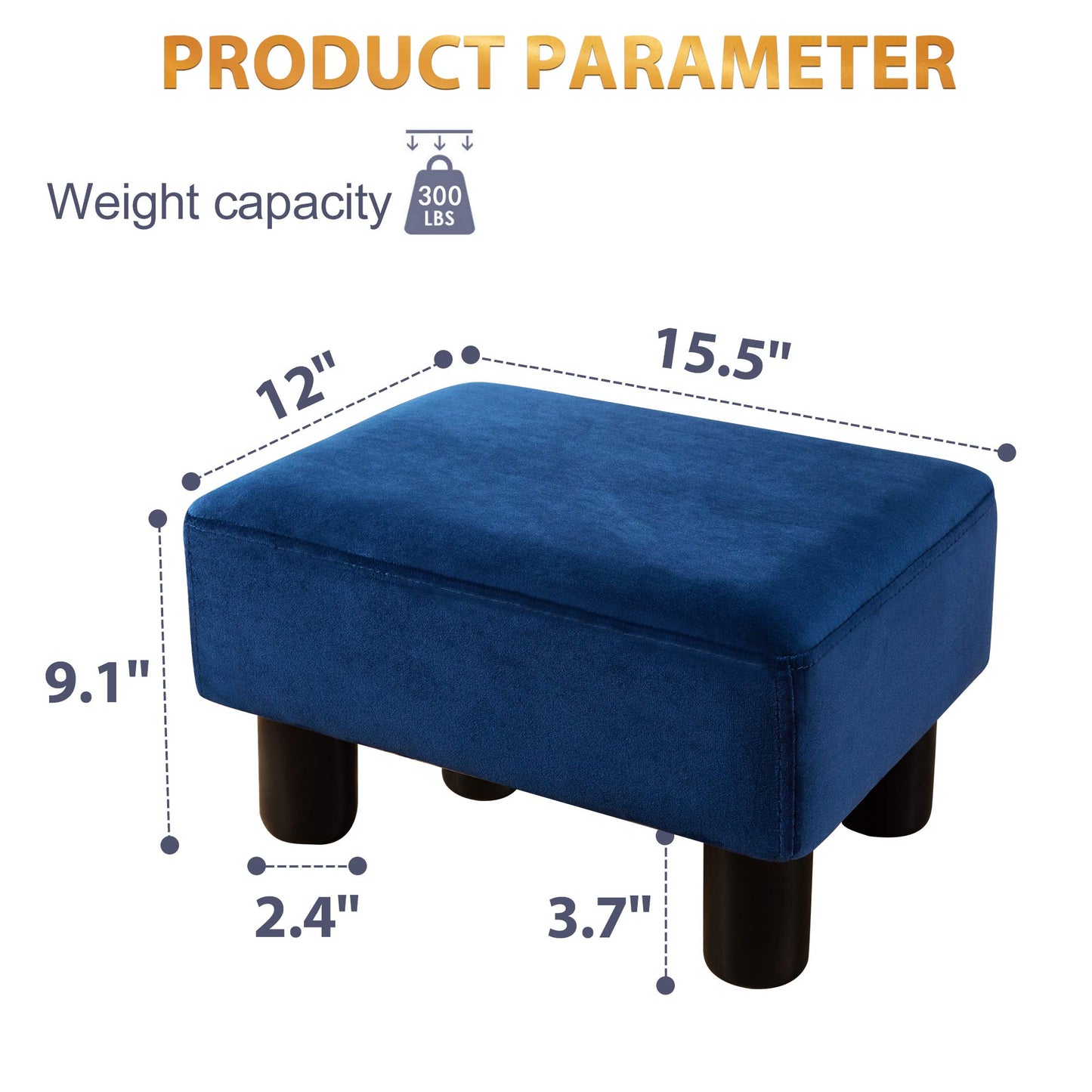 LUE BONA Small Foot Stool, Velvet Fabric Footrest Ottoman Stool with Non-Skid Plastic Legs, Rectangle Footstool Step for Couch, Desk, Office, Living Room, Navy