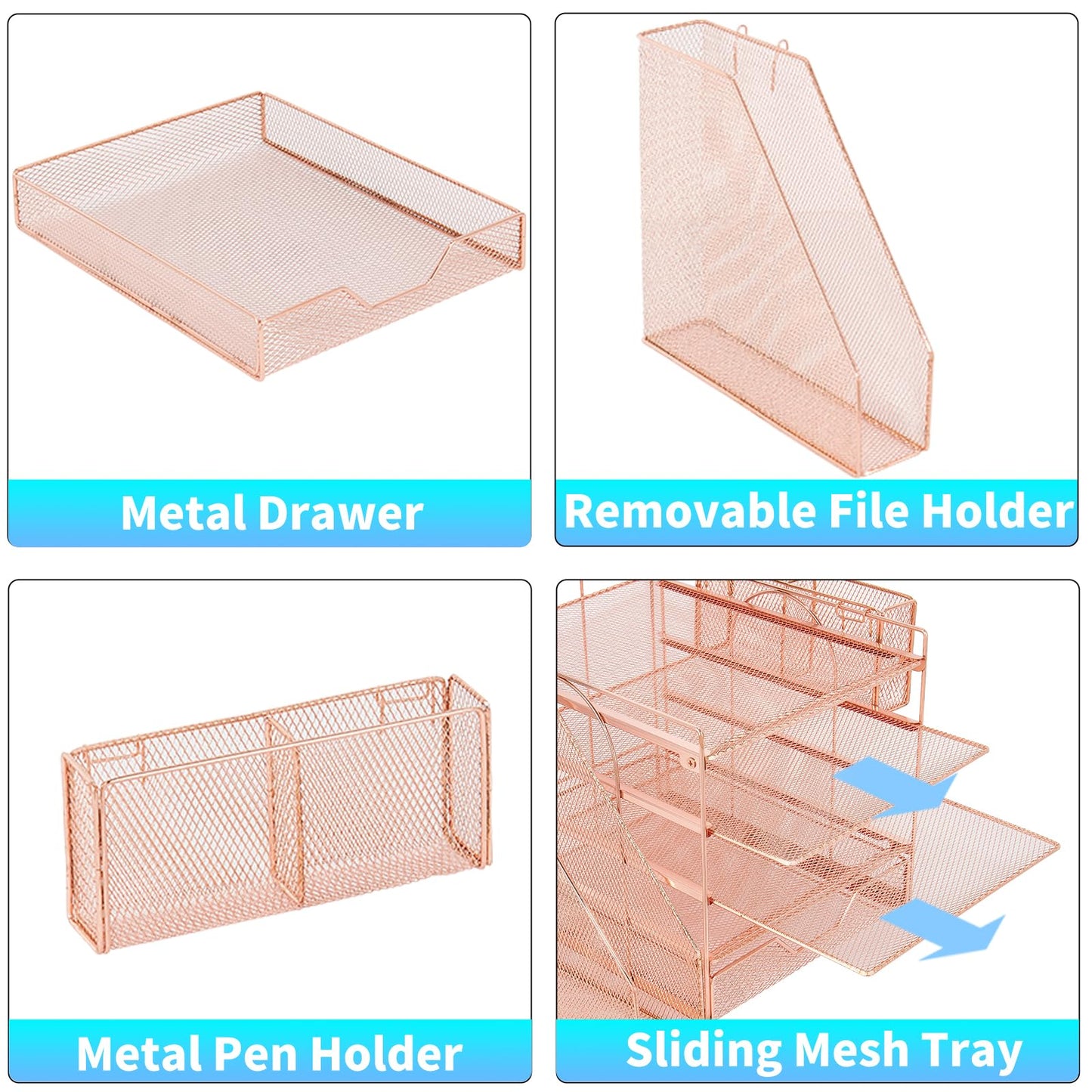Gugsey Desk Organizers and Accessories, 5-Tier Paper Letter Tray Organizer with File Holder, Drawer & Pen Holder, Office Desk Accessories, Desktop Organizer for Classroom Office Supplies, Rose Gold