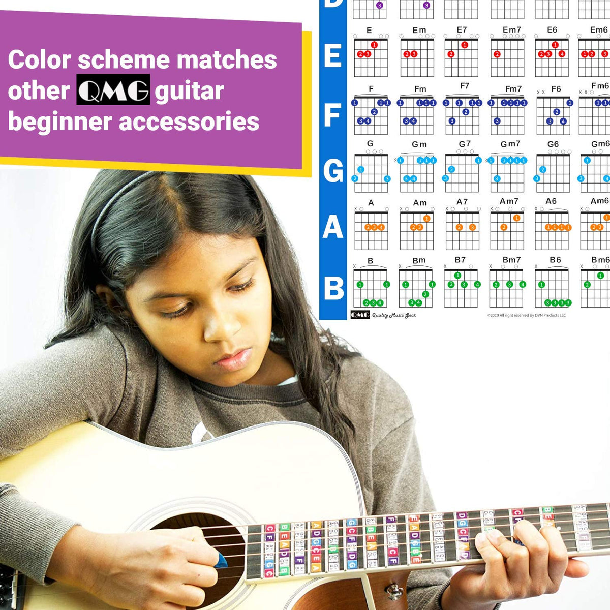 QMG Guitar Chord Poster (24"x30"), Educational Reference Guide for Beginners, 56 Color Coded Chords