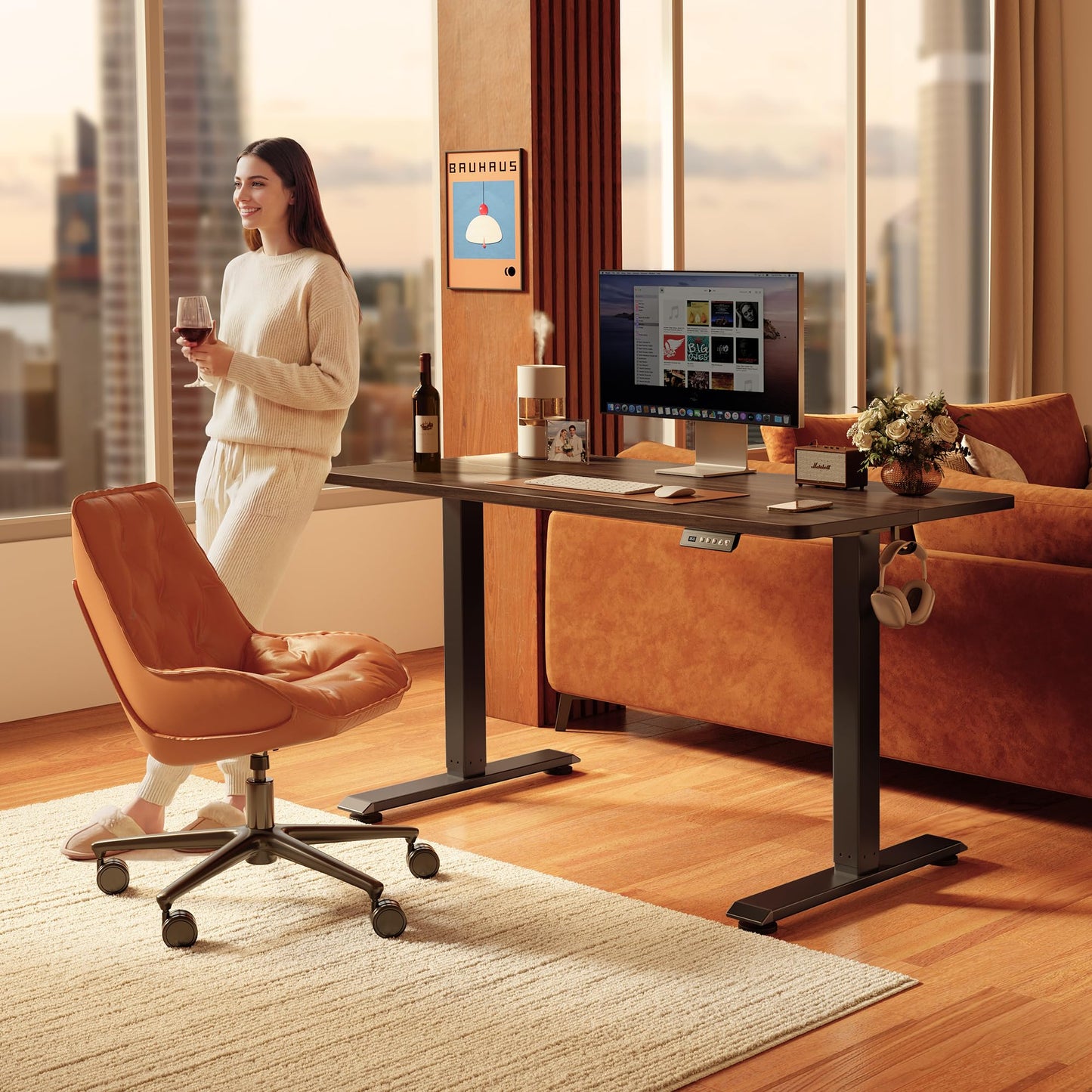 FEZIBO 55 x 24 Inchs Electric Standing Desk, Height Adjustable, Sit Stand Up, Computer Office Desk with Splice Board, Black Frame/Black Walnut Top