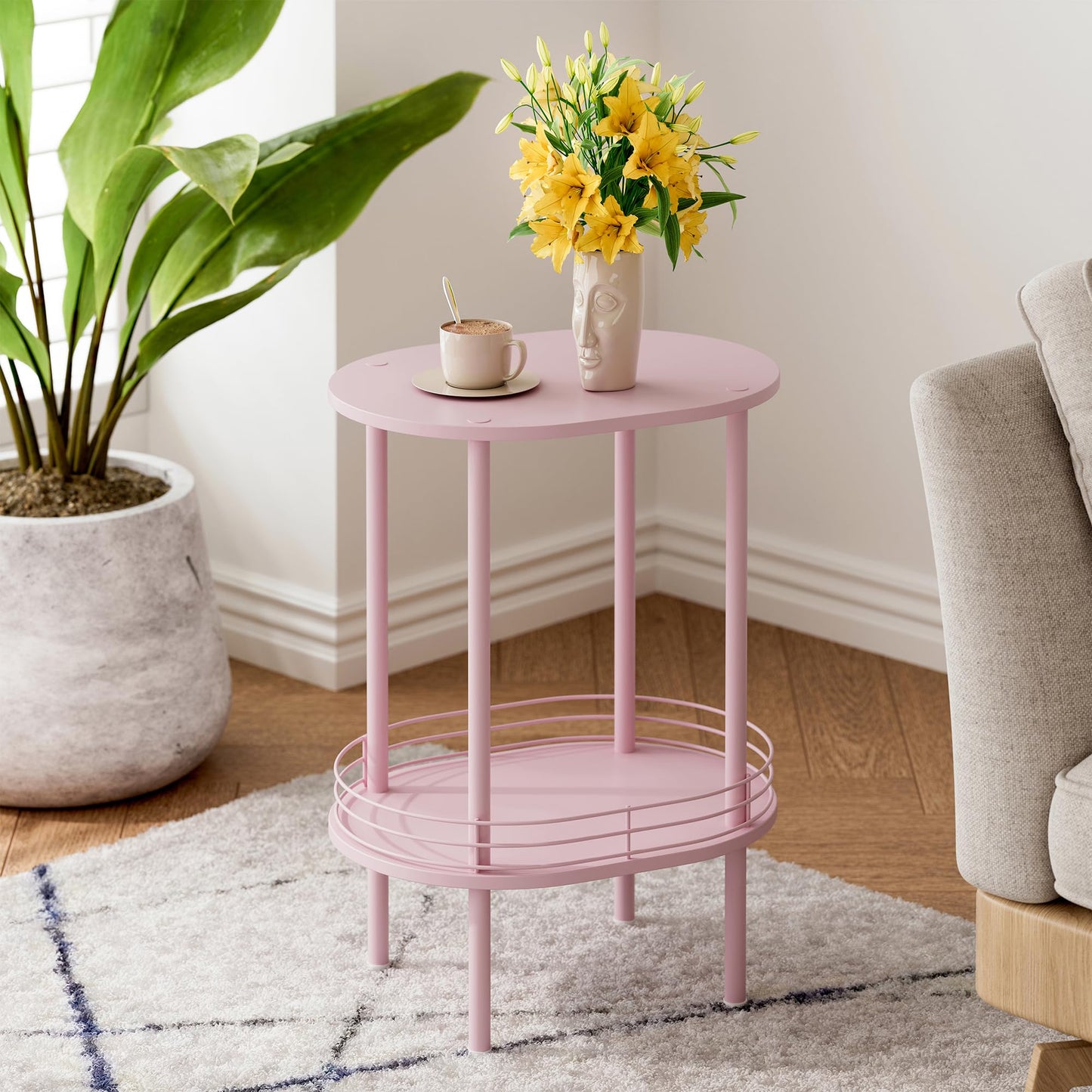 Small Modern Oval Side Table with Storage,2-Tier Side Tables Living Room,Sturdy Nightstand for Small Space - Living Room, Bedroom, Bathroom, Nursery (1PC,Pink)