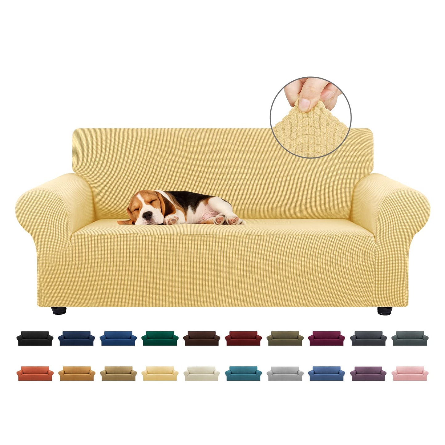 KEKUOU Stretch Loveseat Sofa Cover Slipcover,Couch Covers for 2 Cushion Couch Sofa (55"-78") Furniture Protector Sofa with Elastic Bottom for Kids,Dog. Jacquard Small Checked(Medium,Champagne)