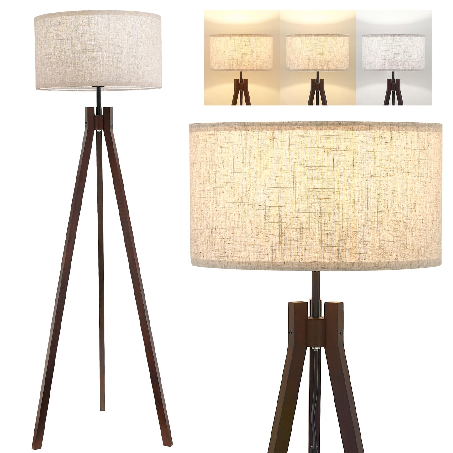 ELYONA Wood Tripod Floor Lamp for Bedroom, 3 Color Temperatures & Linen Shade, Modern Reading Standing Lamp with 9W LED Bulb, Mid Century Night Light for Farmhouse, Living Room, Office, Walnut